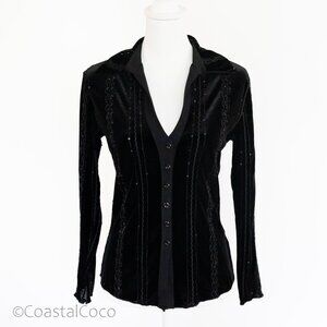 Vintage Baranda Velvet Top Blouse Medium Black Sequin Y2K Dark Whimsy Goth Vampy
